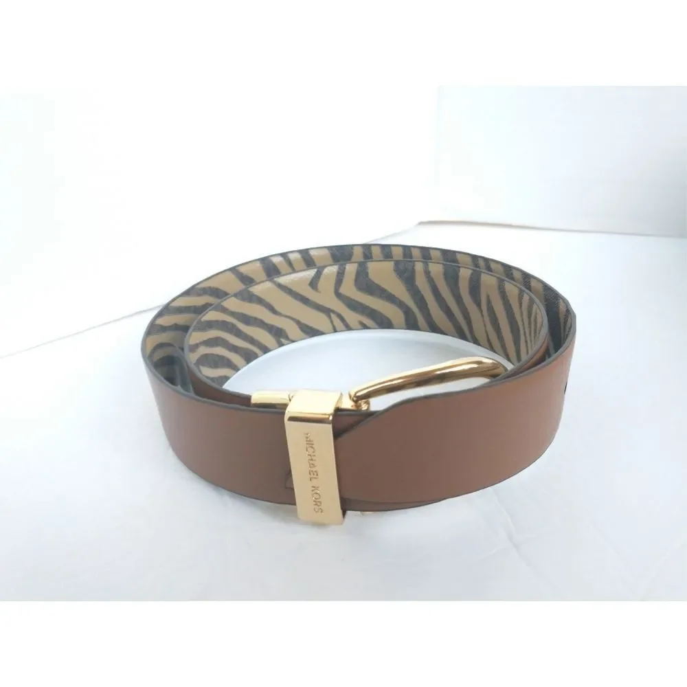 New! MICHAEL KORS Reversible Leather Belt Zebra Print Gold-tone Logo Buckle SM